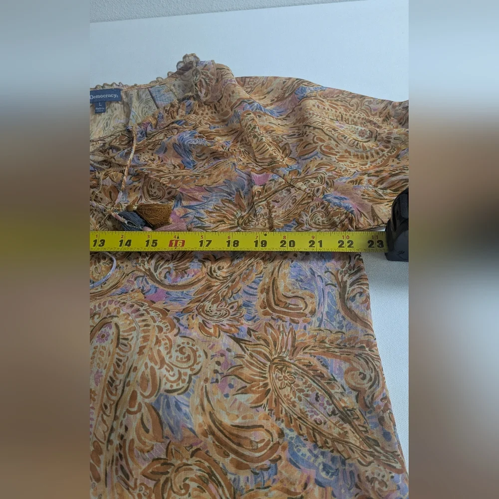 Democracy Womens Yellow Brown Paisley Sheer Peasant Top + Blouse Size L $88 EUC - Picture 10 of 13